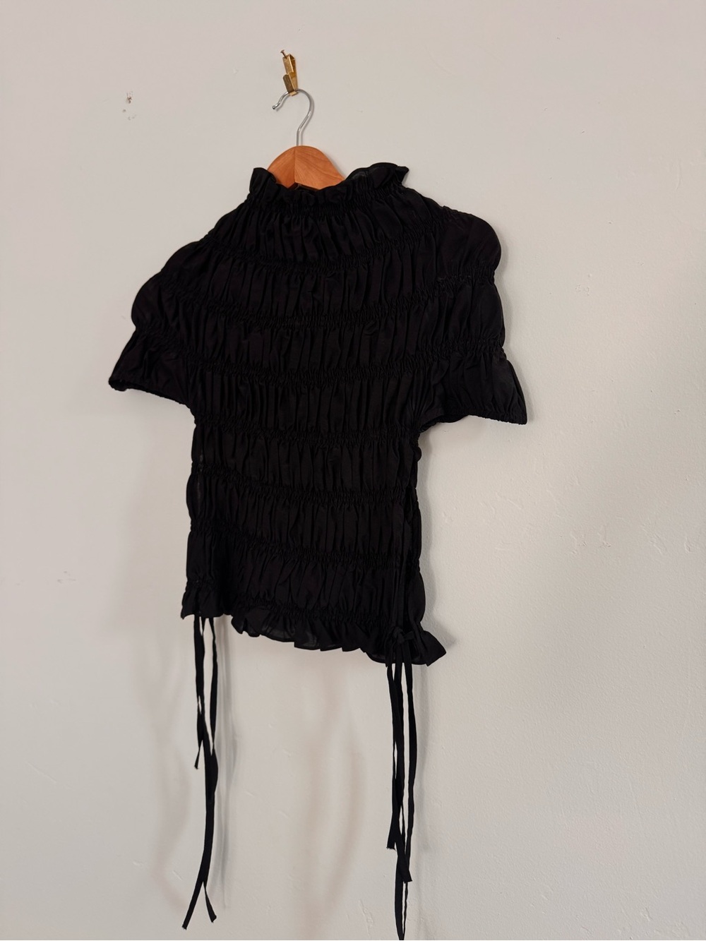 Black Smocked Short Sleeve Ruffle-Neck tie sides Blouse